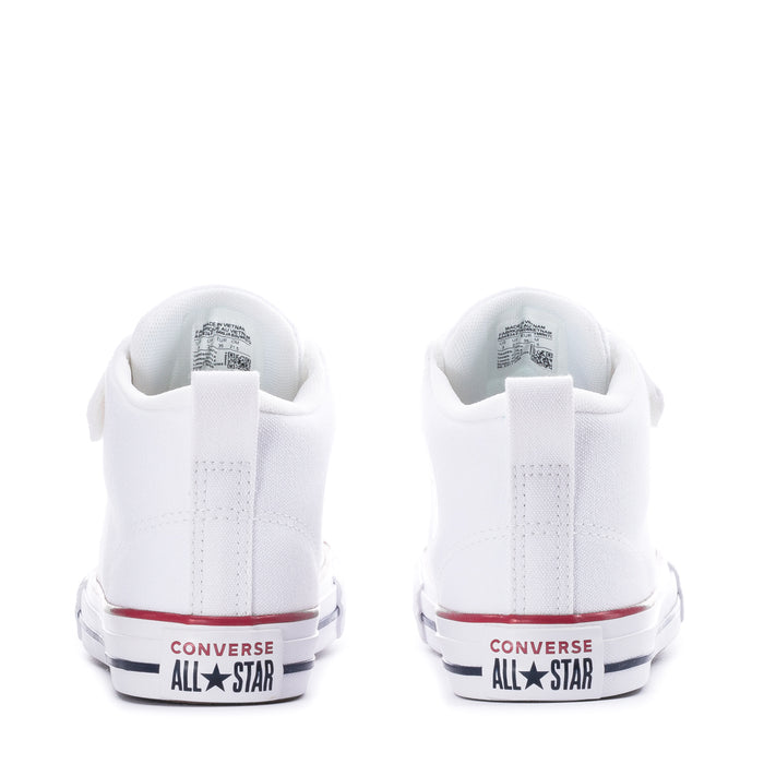 Kids white high-top sneakers heel view with Converse All Star patch and red trim