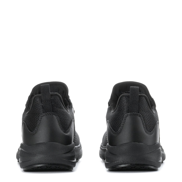 Women’s black lace-up sneaker heel view with padded collar and rubber outsole