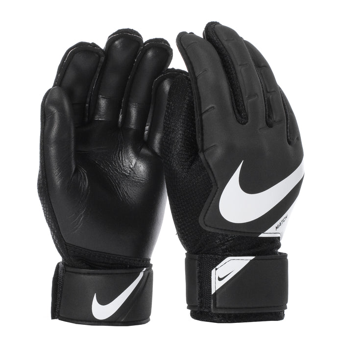 Black goalkeeper gloves with white Nike swoosh logo and wrist strap