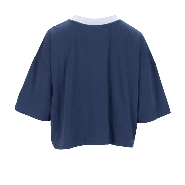 Women's mesh soccer jersey back view, solid blue with V-neck white collar