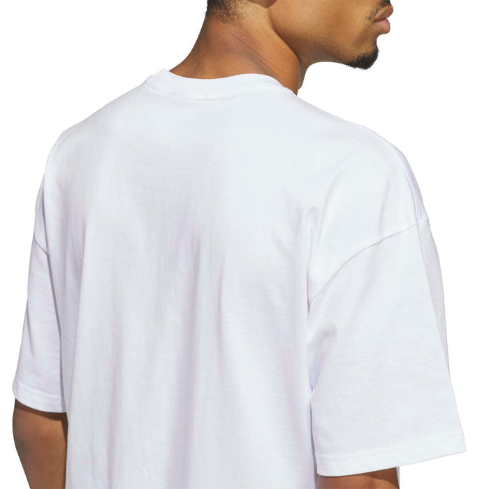 Men's white t-shirt back close-up with smooth fabric and short sleeves