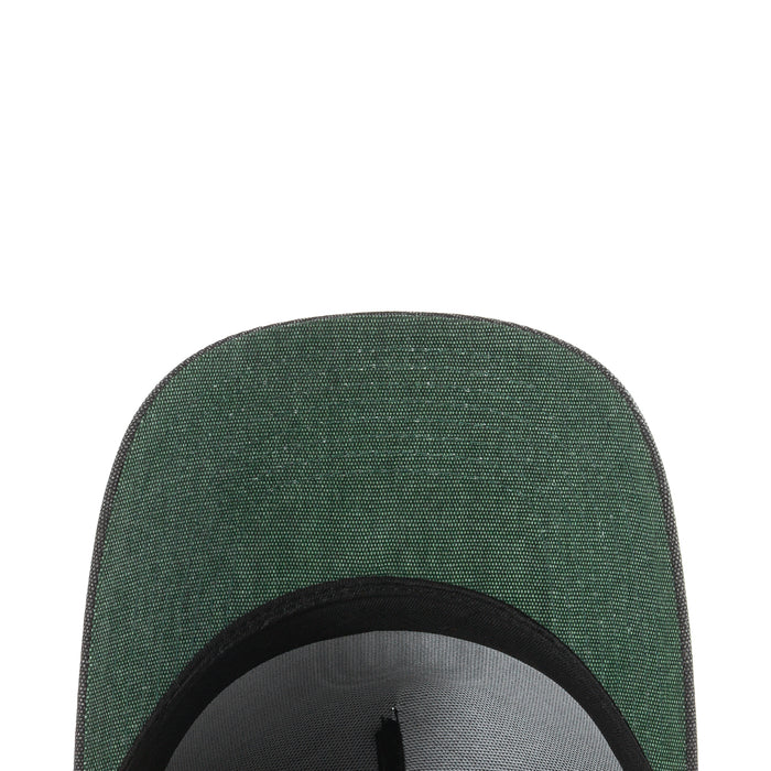 Green denim baseball cap crown with black trim on the front