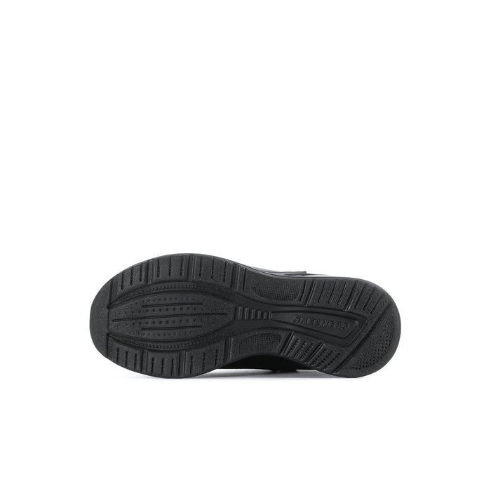 Kids' black sneaker outsole view with tread pattern and traction grooves