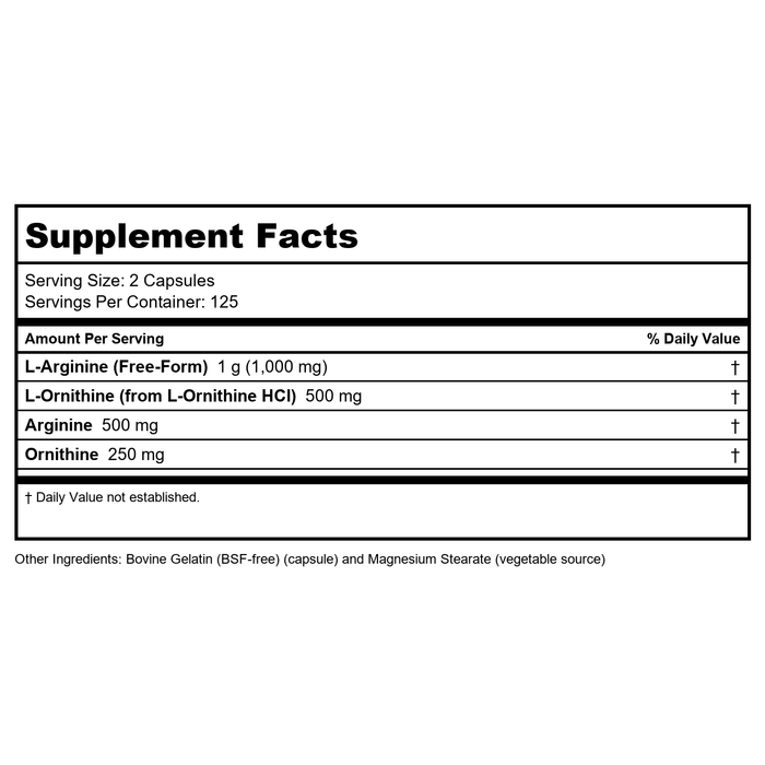 Now Sports Arginine & Ornithine 500 mg / 250 mg 250 Vcaps - 0042 - Supplement Facts panel