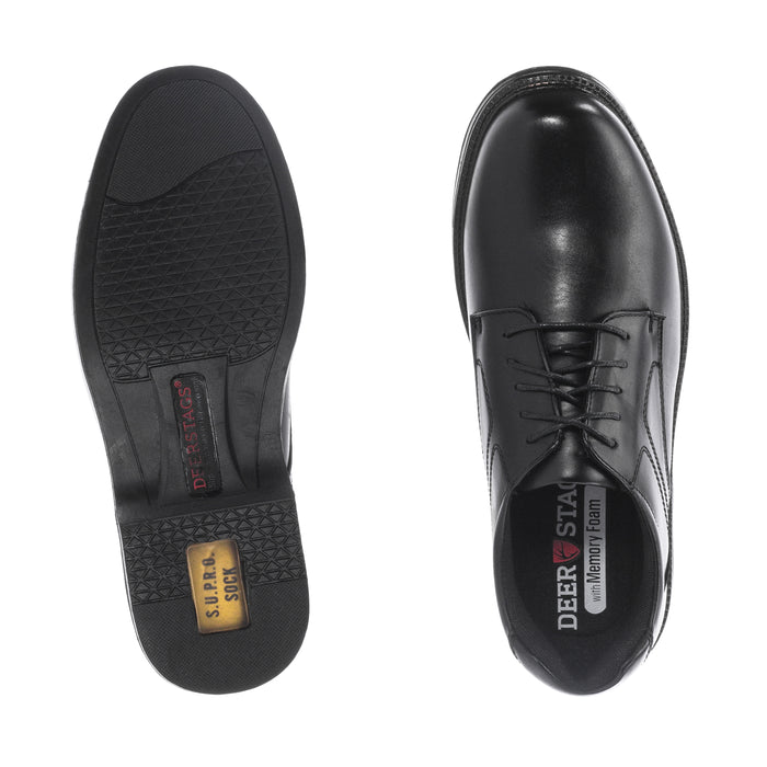 Men's black leather oxford shoe bottom and heel view, textured traction sole