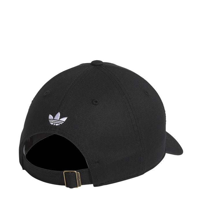 Black strapback baseball cap with adjustable buckle strap