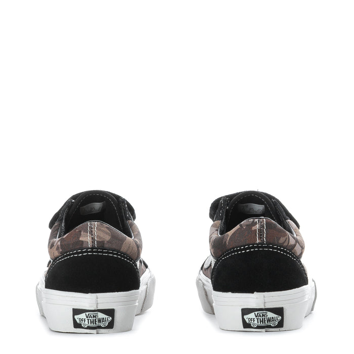 Kids black low-top sneakers pair from behind with camo lining and heel tabs