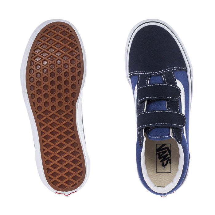Kids sneaker outsole and inside view with Vans logo patch and dark upper