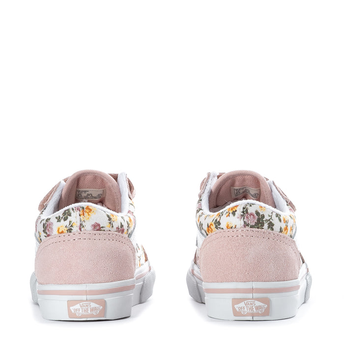 Pink toddler sneakers with floral heel trim and white rubber sole, rear view.