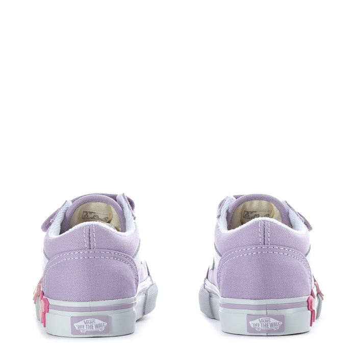 Lavender toddler sneakers, back view with butterfly details and white rubber sole