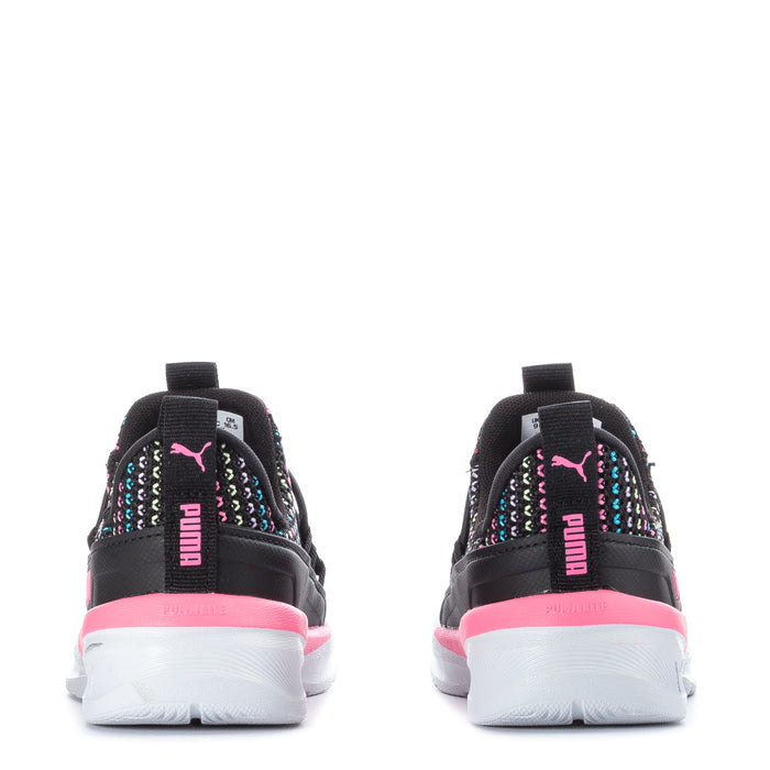 Toddler sneakers heel view, black with multicolor knit and pink PUMA logo on sole