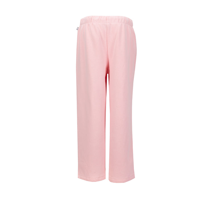 Women's open-hem fleece pants, light pink rear view with elastic waist and open cuffs
