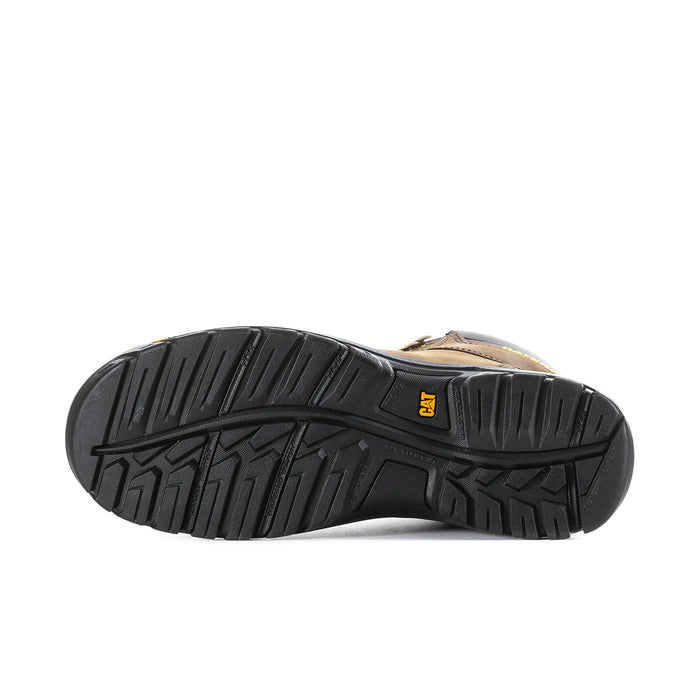 Outsole view of dark brown steel toe work boots with deep traction tread