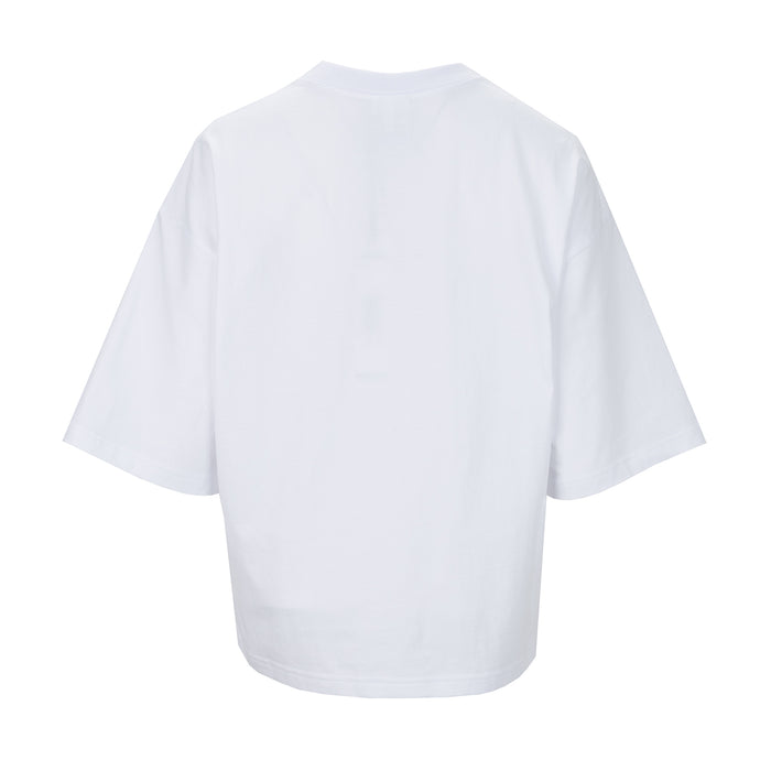 Oversized white women's tee with crew neck and short sleeves, back view
