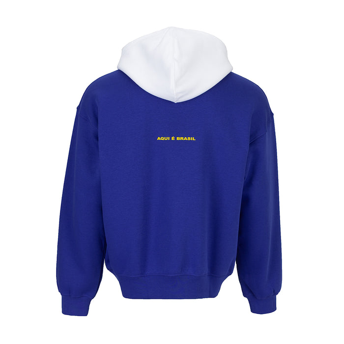 Royal blue fleece pullover hoodie with white hood lining and small back Brasil text