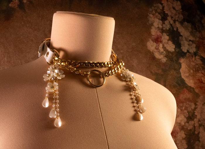 "Petal Cascade" White Leather & Gold Martingale Collar