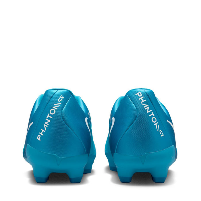 Turquoise blue soccer cleats with PHANTOM heel text and molded stud soles