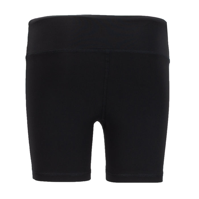 Youth black bike shorts with smooth leg hems and center front seam
