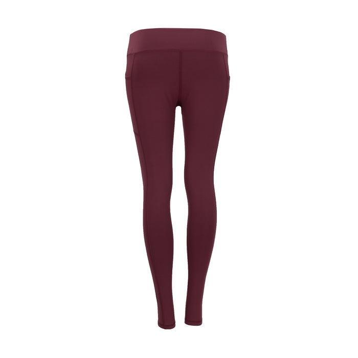 Women's maroon pocket leggings with wide waistband, back view