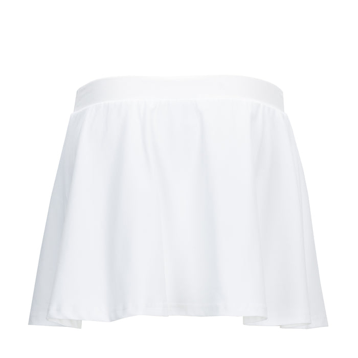 White mini skirt close-up with elastic waistband and gathered A-line drape
