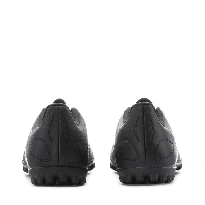 Men's black soccer cleats heel view with molded rear shape and rubber tread