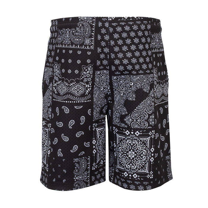 Men's black mesh shorts with mixed paisley patchwork panels, elastic waist, mid-thigh