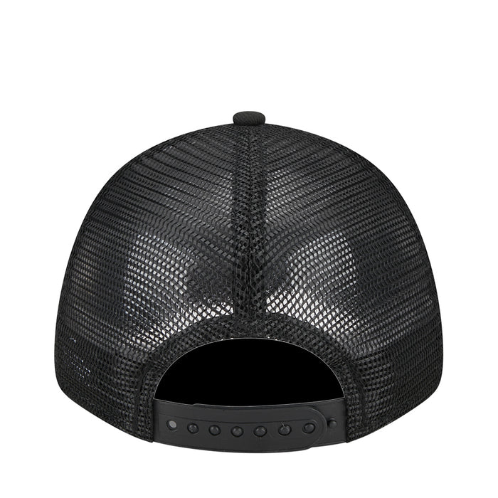 Kids black trucker cap back view with mesh panels and adjustable snapback strap