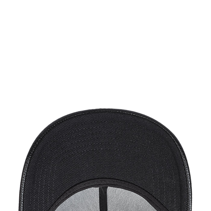 Black snapback cap interior brim and crown stitching detail, low-profile design