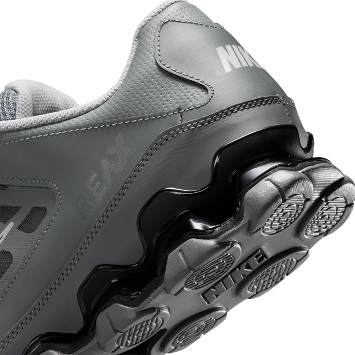 Men's training shoes heel detail with smoke grey upper, black TPU pods, and textured tread.