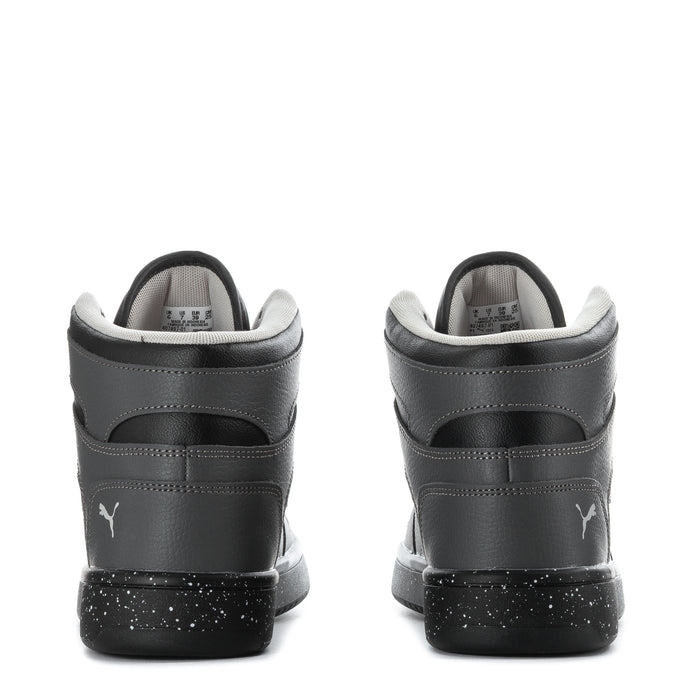 Youth high-top sneakers, heel view with dark grey leather and speckled outsole