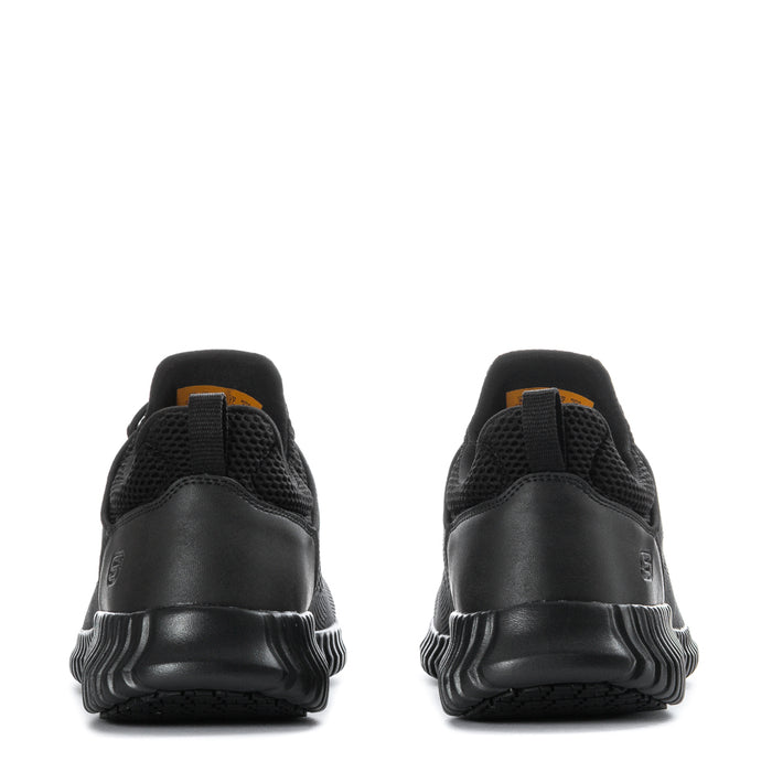 Men’s black athletic sneaker heel view with cushioned back and ribbed sole details