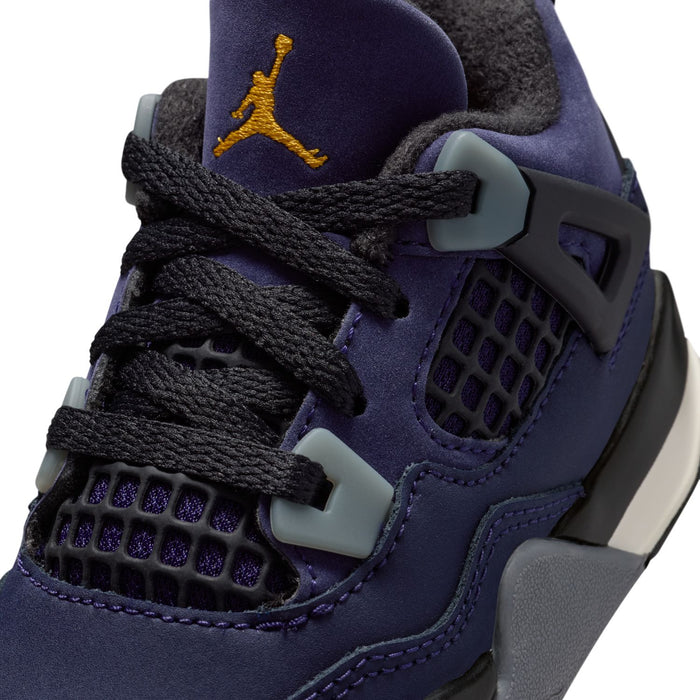 Toddler Retro 4 sneaker close-up, dark purple mesh panels, black laces, Jumpman logo