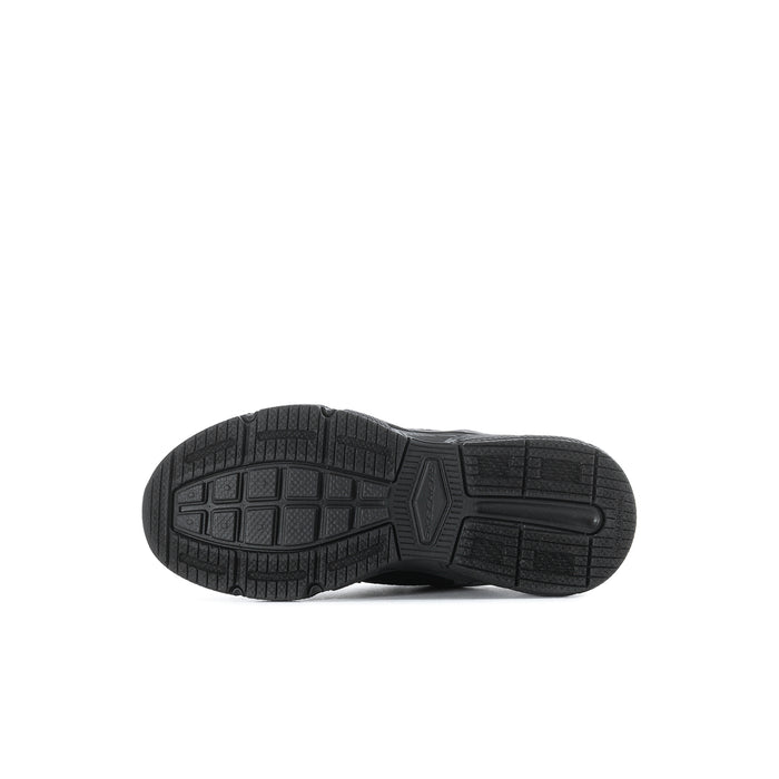 Kids black sneaker outsole, textured rubber tread with flex grooves