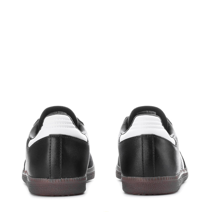 Youth adidas sneakers, black leather heel and rear view with white stripe accents