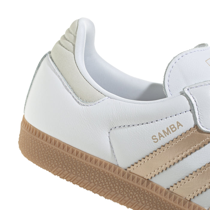 Women's adidas Samba OG sneaker heel, white leather with gold SAMBA logo and gum sole
