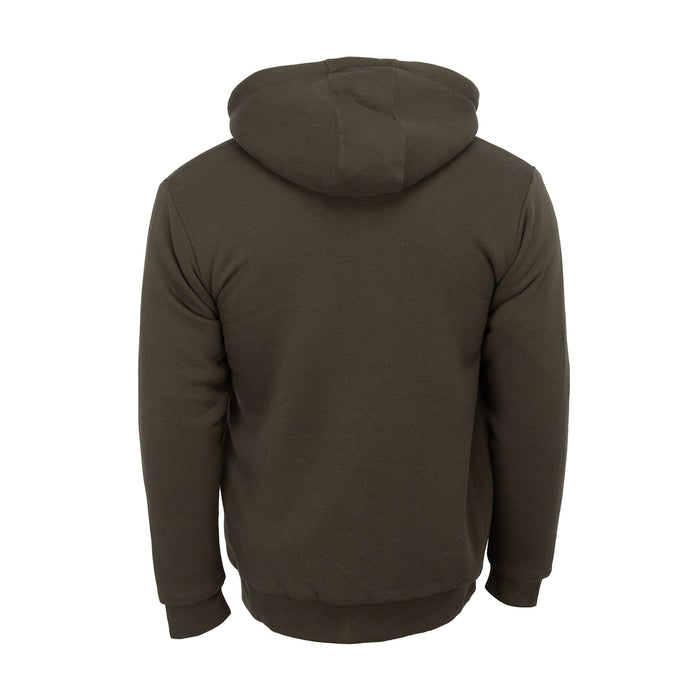 Men's olive sherpa-lined full-zip hoodie, back view with hood