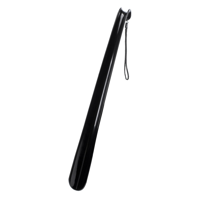 Black shoe horn with curved tip and hanging loop strap