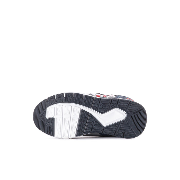 Kids' sneaker outsole with dark rubber tread, white midsole edge, and Sonic heel graphic