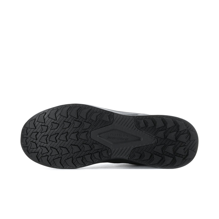 Men's black composite-toe hiking boot outsole with deep herringbone tread pattern.