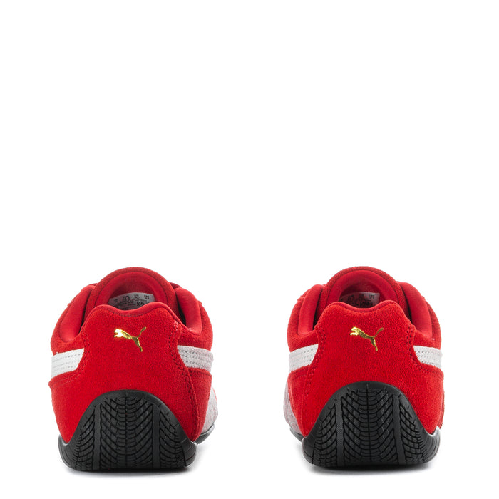 Kids red sneakers heel view with white stripe and black textured sole