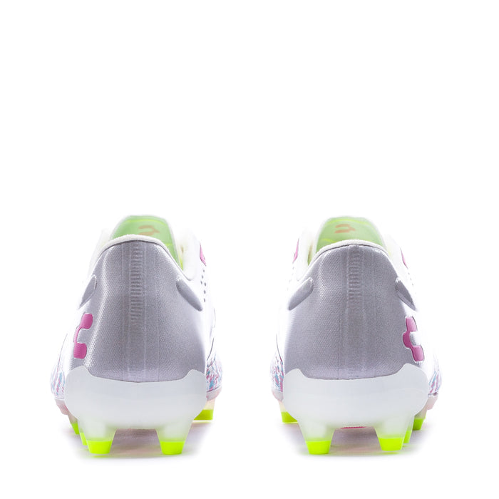 Men's Spektre cleats, heel view in gray with neon green stud outsole and trim