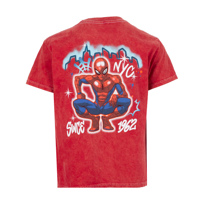 Youth red mineral-wash T-shirt with Spiderman graphic on back