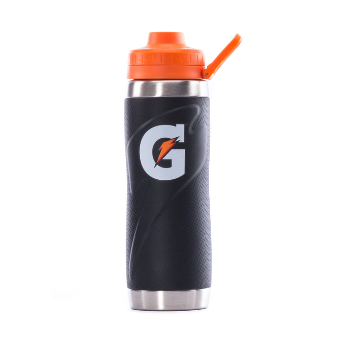 26oz stainless steel bottle, black body with orange flip-top lid and drinking straw
