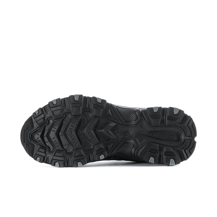 Men's black sneakers outsole view with deep traction tread pattern