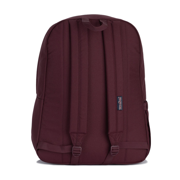Burgundy Jansport backpack back panel with padded straps and buckles