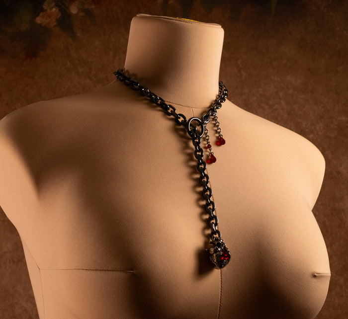 "Tethered Heart" - Anatomical Heart & Crimson Crystal O-link Slip Chain Collar