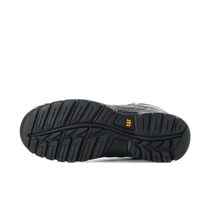 Black men’s work boot outsole with deep tread and small CAT logo
