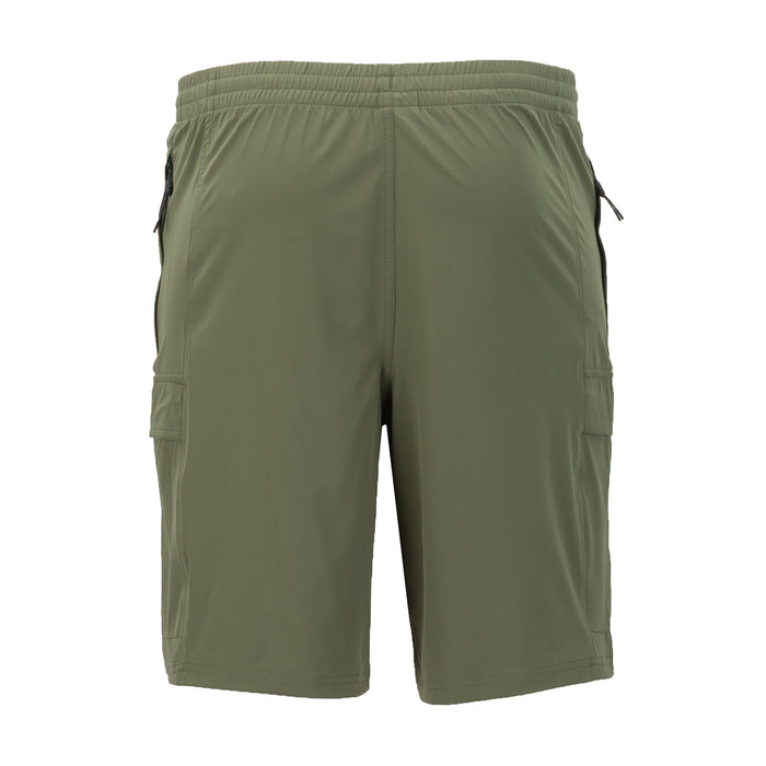 Men's woven cargo shorts, olive green back view with cargo pockets