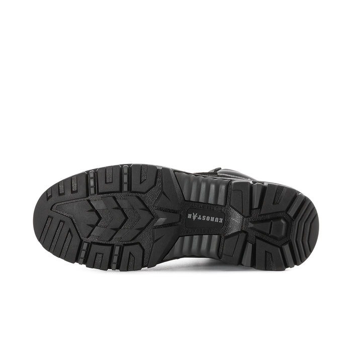 Men’s black steel-toe waterproof work boot outsole with deep traction tread pattern