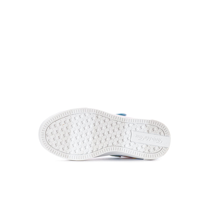 Kids sneaker outsole view with white rubber tread and blue heel edge